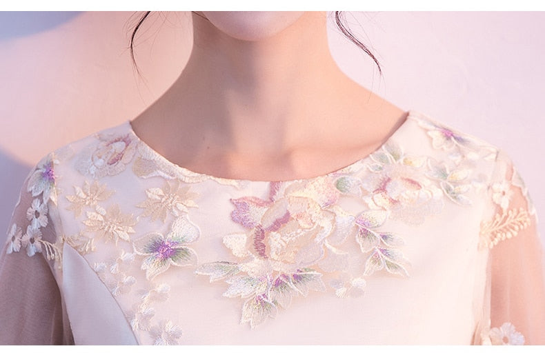 Young Lady Chinese Sexy Elegant Prom Dress Cheongsam Lace Flower Qipao Midi Half Sleeve Pink Round Neck Evening Party Gown