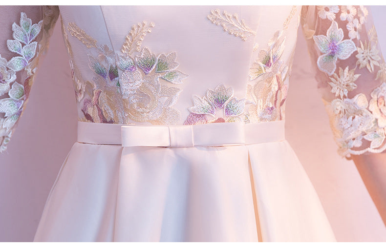 Young Lady Chinese Sexy Elegant Prom Dress Cheongsam Lace Flower Qipao Midi Half Sleeve Pink Round Neck Evening Party Gown