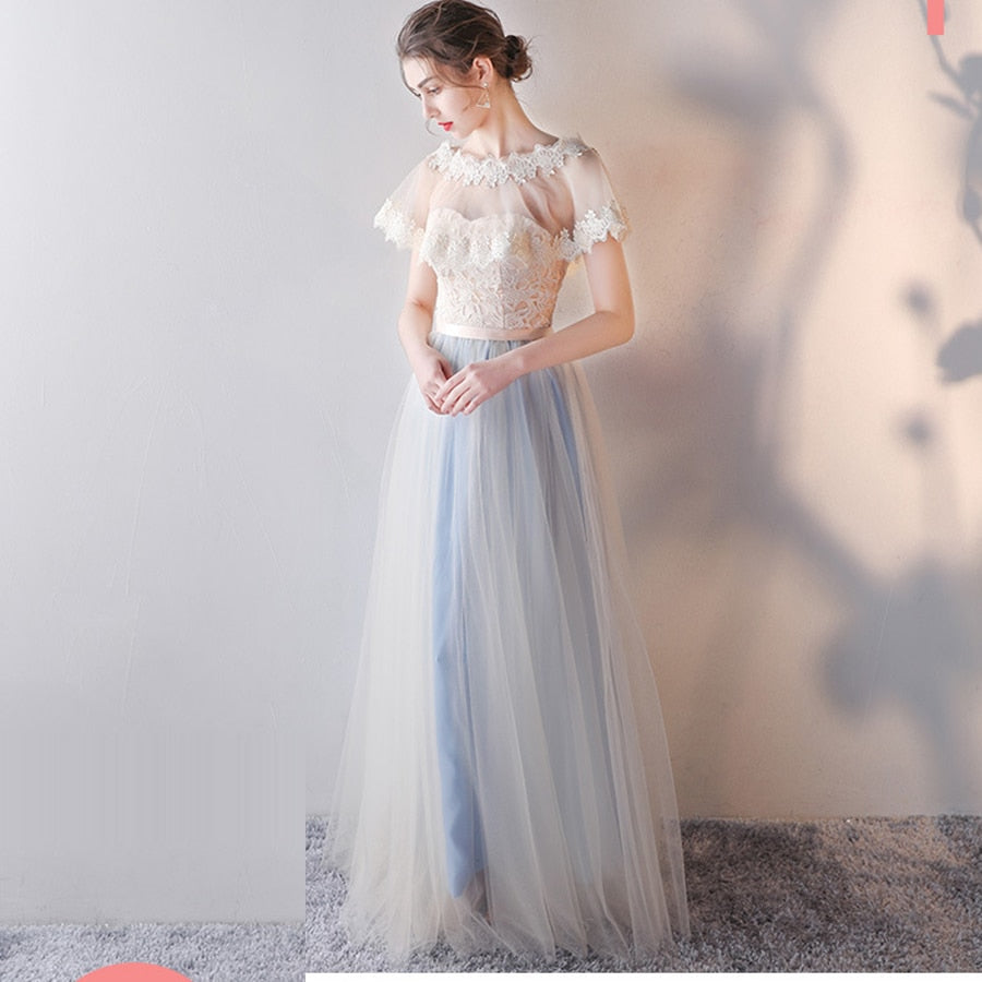 Bridesmaid Dress Flare Short Sleeve O-neck Long Bridsmaid Dresses Elegant Wedding Party Dress Backless Lace Up Formal Gowns E135