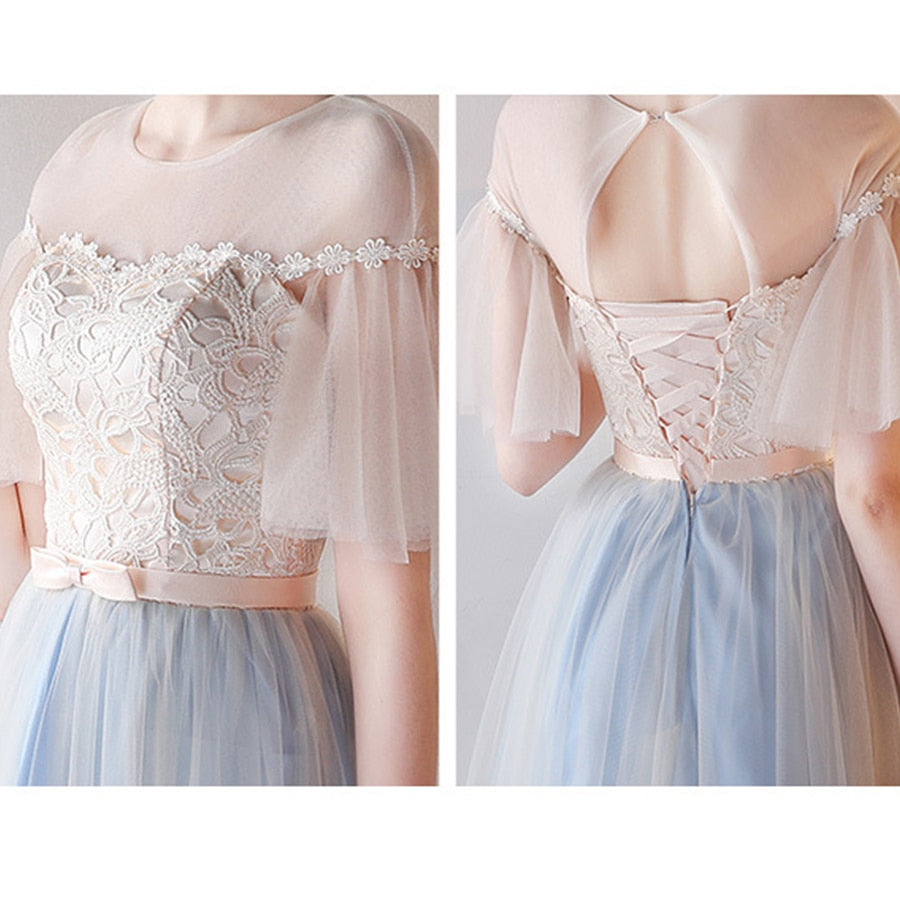 Bridesmaid Dress Flare Short Sleeve O-neck Long Bridsmaid Dresses Elegant Wedding Party Dress Backless Lace Up Formal Gowns E135