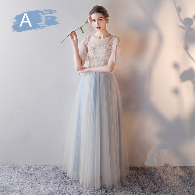 Bridesmaid Dress Flare Short Sleeve O-neck Long Bridsmaid Dresses Elegant Wedding Party Dress Backless Lace Up Formal Gowns E135