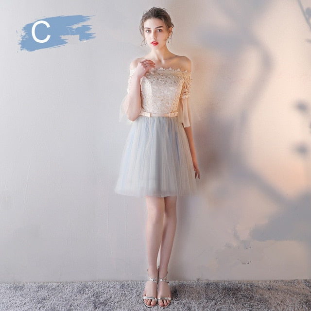 Bridesmaid Dress Flare Short Sleeve O-neck Long Bridsmaid Dresses Elegant Wedding Party Dress Backless Lace Up Formal Gowns E135