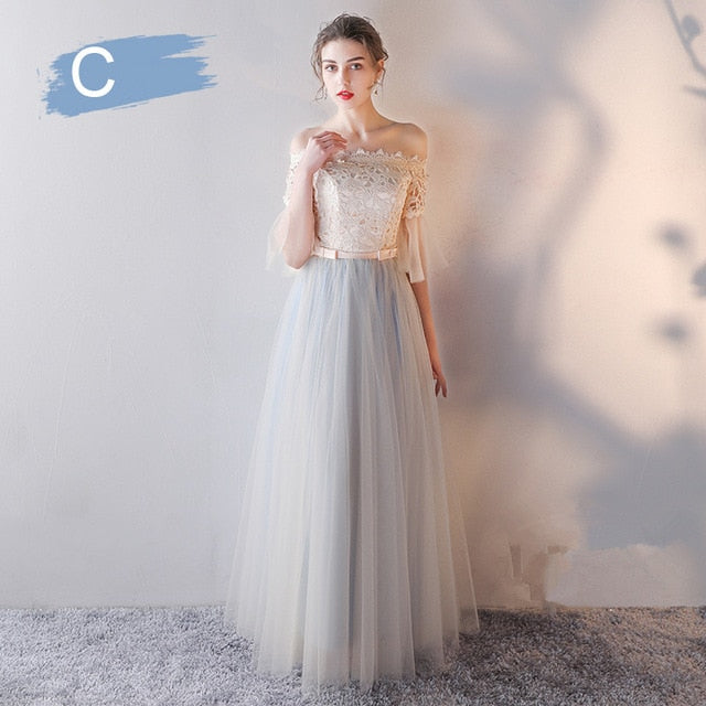 Bridesmaid Dress Flare Short Sleeve O-neck Long Bridsmaid Dresses Elegant Wedding Party Dress Backless Lace Up Formal Gowns E135