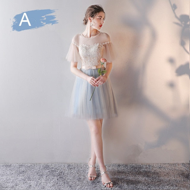 Bridesmaid Dress Flare Short Sleeve O-neck Long Bridsmaid Dresses Elegant Wedding Party Dress Backless Lace Up Formal Gowns E135