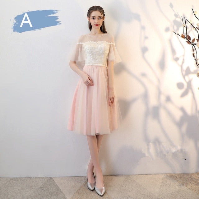 Bridesmaid Dress Flare Short Sleeve O-neck Long Bridsmaid Dresses Elegant Wedding Party Dress Backless Lace Up Formal Gowns E135