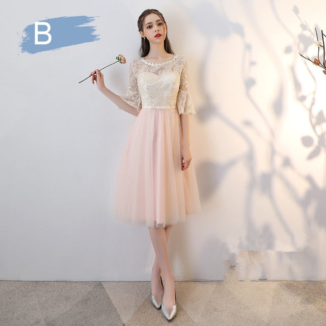 Bridesmaid Dress Flare Short Sleeve O-neck Long Bridsmaid Dresses Elegant Wedding Party Dress Backless Lace Up Formal Gowns E135