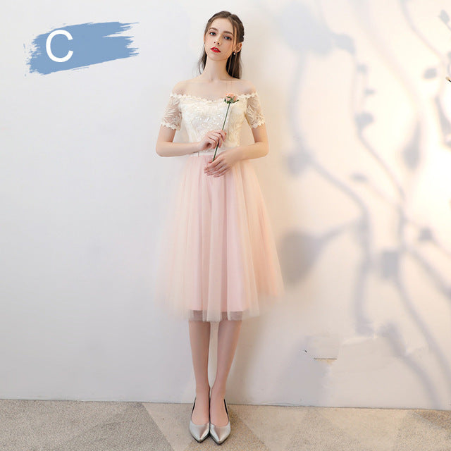 Bridesmaid Dress Flare Short Sleeve O-neck Long Bridsmaid Dresses Elegant Wedding Party Dress Backless Lace Up Formal Gowns E135