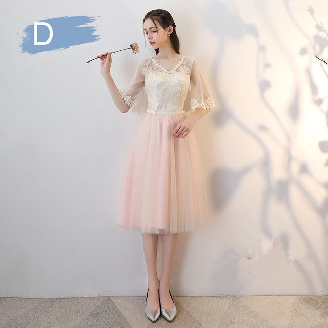 Bridesmaid Dress Flare Short Sleeve O-neck Long Bridsmaid Dresses Elegant Wedding Party Dress Backless Lace Up Formal Gowns E135