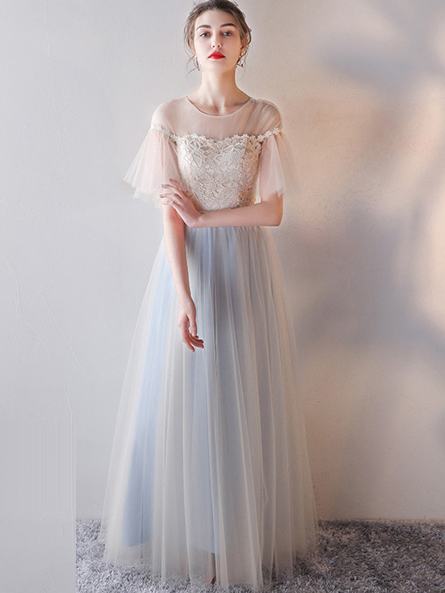 Bridesmaid Dress Flare Short Sleeve O-neck Long Bridsmaid Dresses Elegant Wedding Party Dress Backless Lace Up Formal Gowns E135