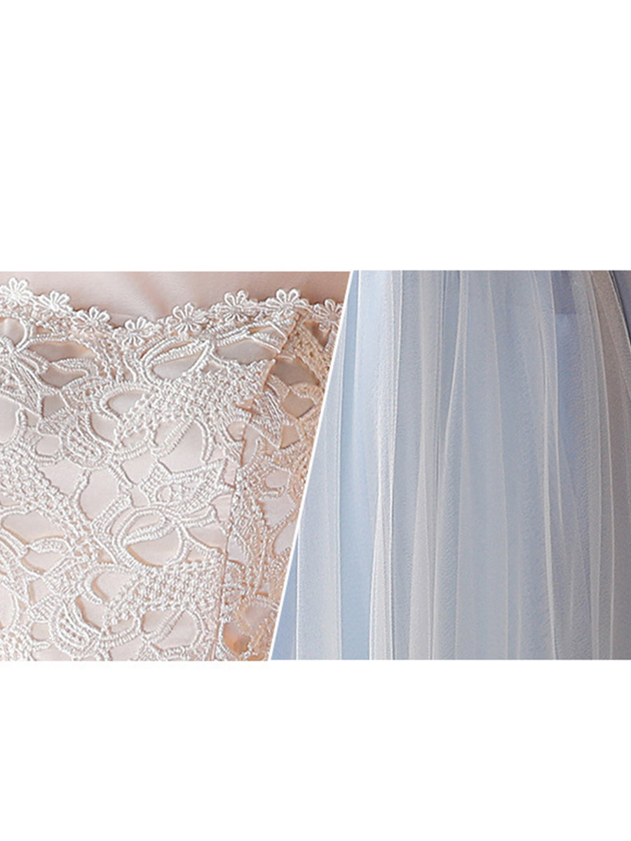 Bridesmaid Dress Flare Short Sleeve O-neck Long Bridsmaid Dresses Elegant Wedding Party Dress Backless Lace Up Formal Gowns E135
