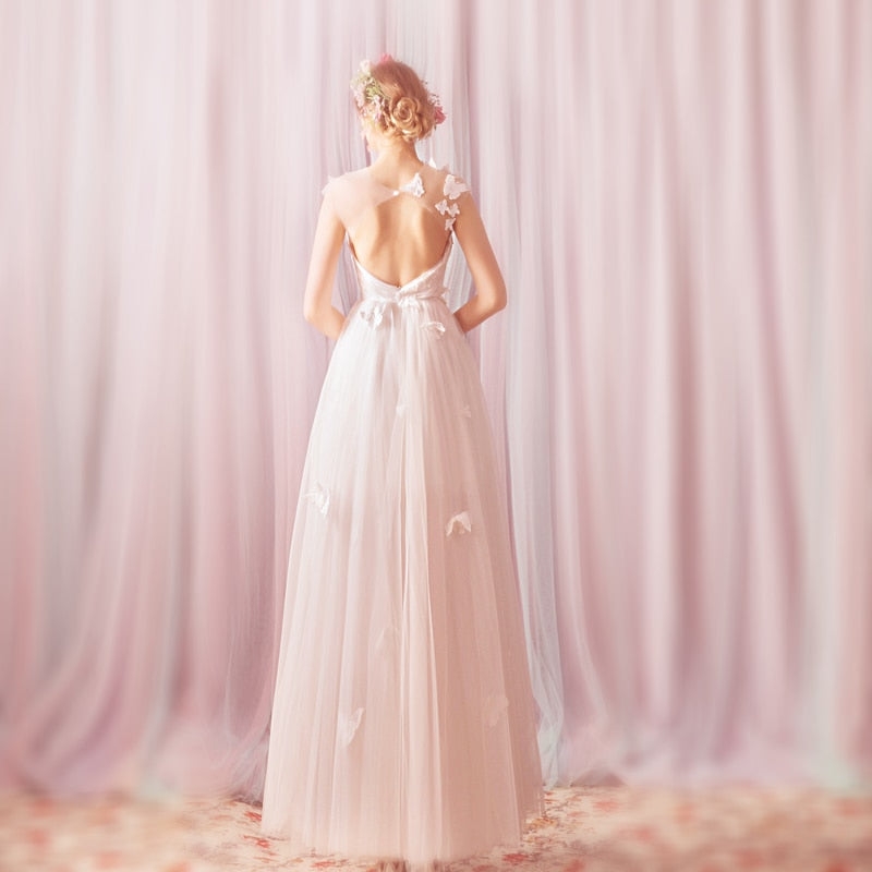 Vestido de Noiva Elegant Snow White Backless Wedding Dress Appliques Butterfly Embroidery Pleat Criss-cross Bride Dresses