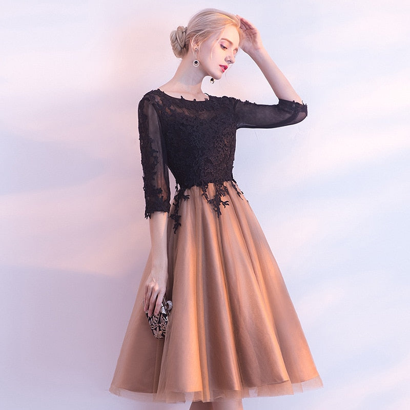 Luxury Black And Yellow O-Neck Half Sleeve Backless Appliques Lace Up Cocktail Dresses Knee Length Formal Dress LX458