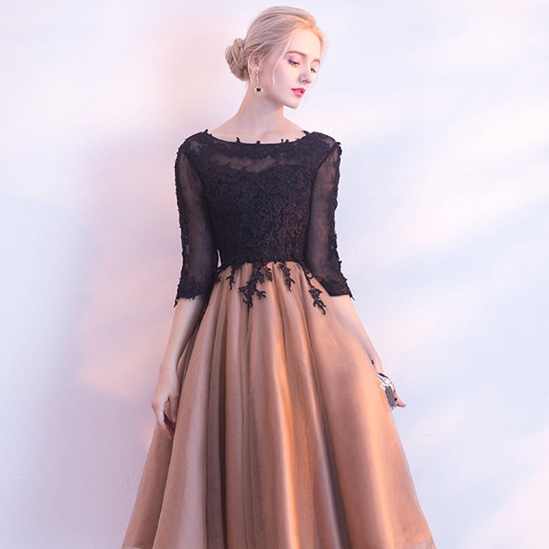 Luxury Black And Yellow O-Neck Half Sleeve Backless Appliques Lace Up Cocktail Dresses Knee Length Formal Dress LX458