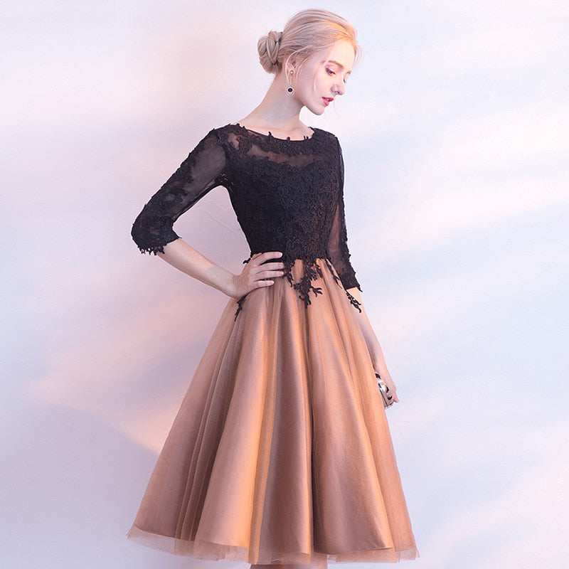 Luxury Black And Yellow O-Neck Half Sleeve Backless Appliques Lace Up Cocktail Dresses Knee Length Formal Dress LX458