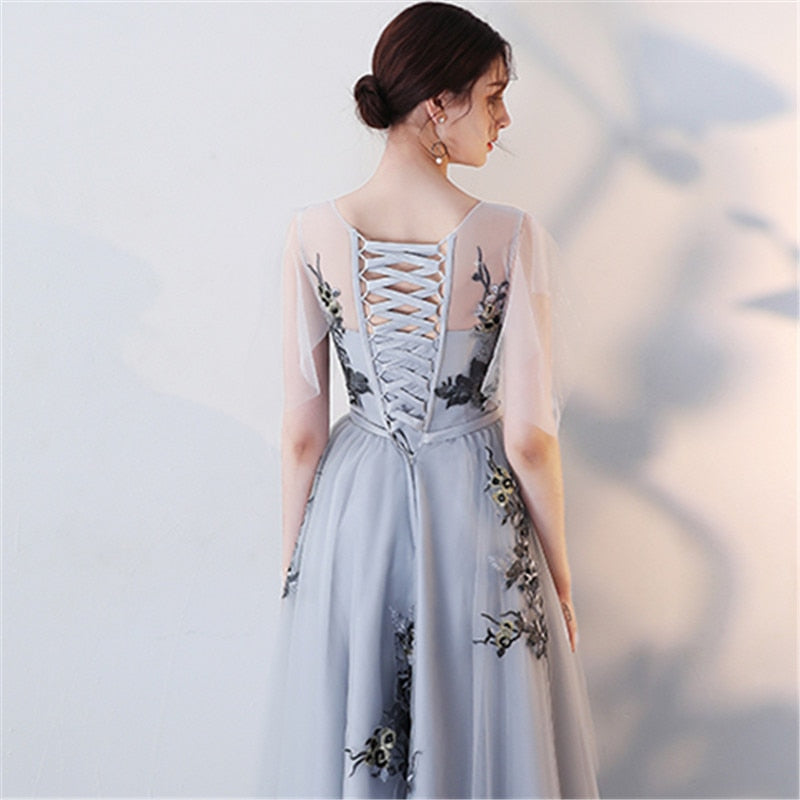 Bridesmaids Dresses V-Neck Flower Embroidery Tulle Formal Dress Lace Up Illusion Lady Fashion Designer LX1003