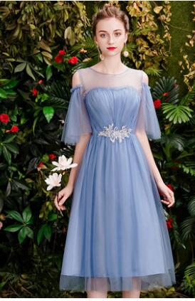 New Bridesmaid Dresses Dusty Blue Tea Length Summer Fall Formal Graduation Prom Party Gown Gift for Girlfriend Robe Demoiselleur