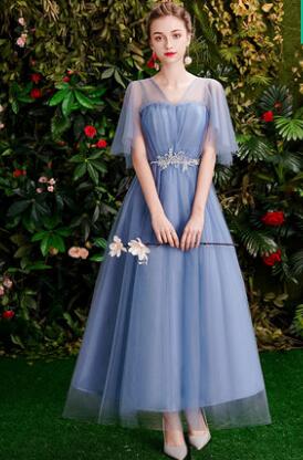 New Bridesmaid Dresses Dusty Blue Tea Length Summer Fall Formal Graduation Prom Party Gown Gift for Girlfriend Robe Demoiselleur