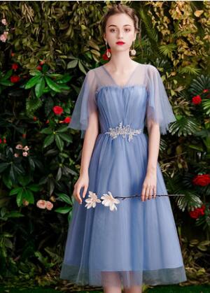 New Bridesmaid Dresses Dusty Blue Tea Length Summer Fall Formal Graduation Prom Party Gown Gift for Girlfriend Robe Demoiselleur