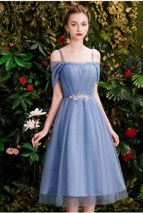 New Bridesmaid Dresses Dusty Blue Tea Length Summer Fall Formal Graduation Prom Party Gown Gift for Girlfriend Robe Demoiselleur