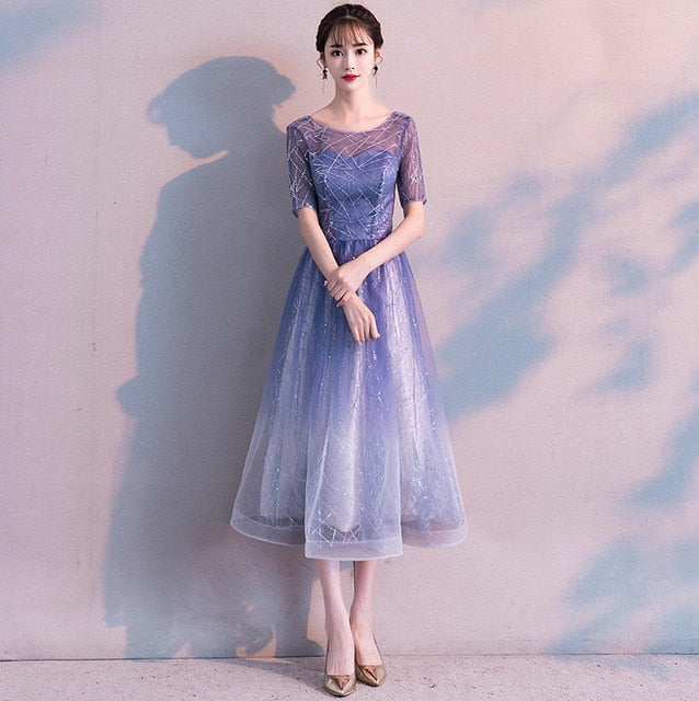Evening Dress Gradient Blue Color Elegant Party Gowns Women A-line Floor length Short Sleeve Formal Dresses  E048