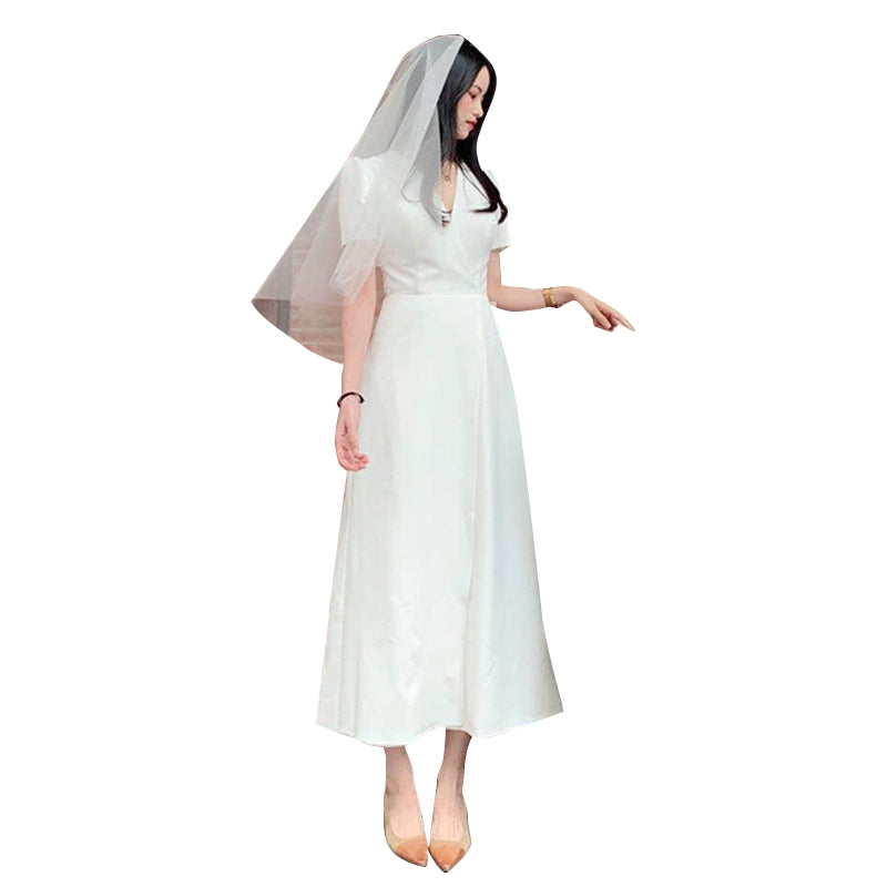 French light wedding dress super fairy show thin Hepburn simple brigade shoot satin small man out of the yarn small dress summer.