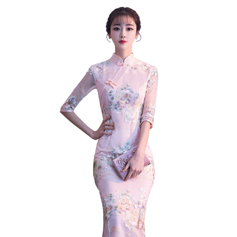 Long fishtail cheongsam 2020 new young temperament girl body-sleeve Chinese flag dress.