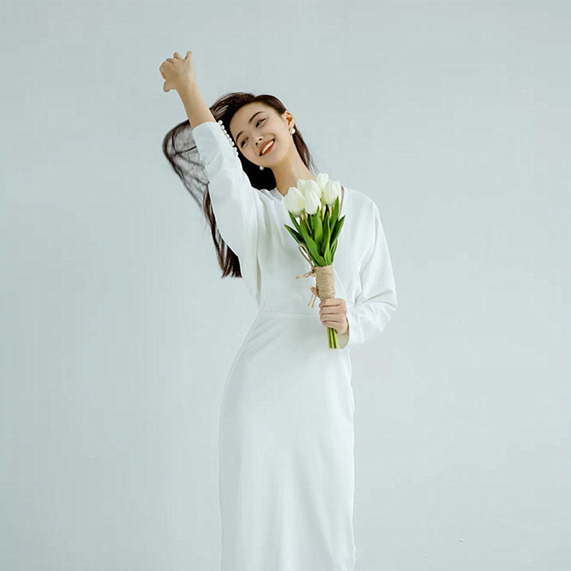 Long-Sleeve Fitted Satin ROM Dress