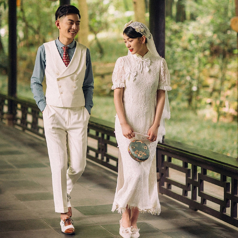 retro cheongsam wedding dress fantasy white lace 2020 new bride brigade shoot certificate dress girl.