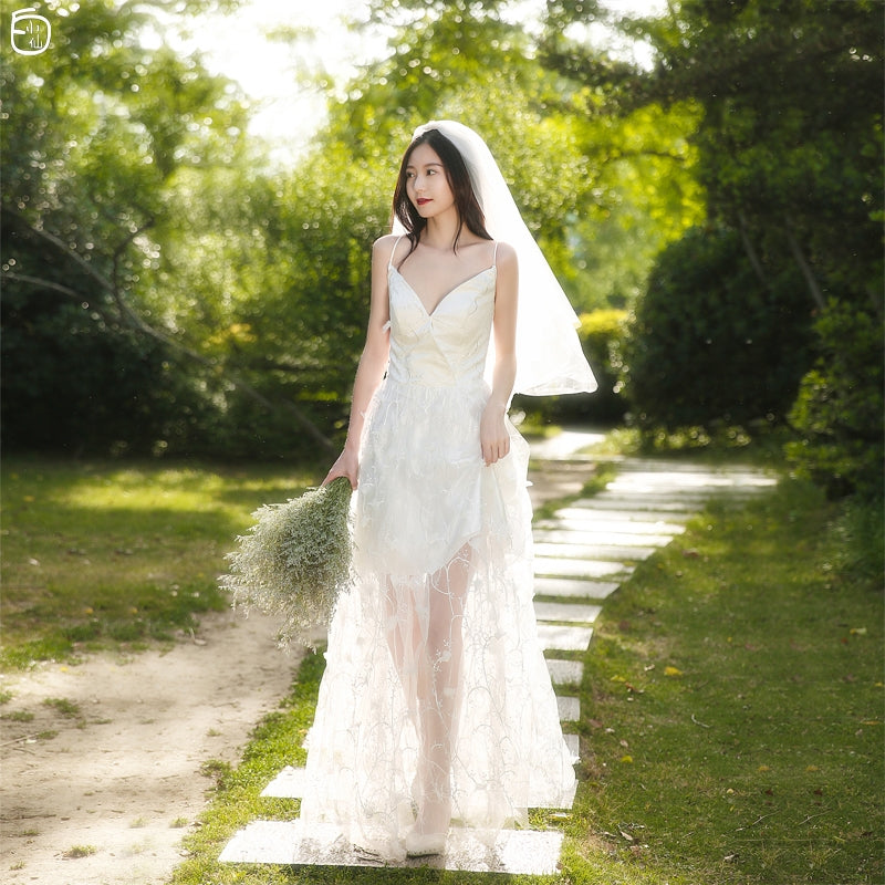 "White Fairy" travel shoot light wedding dress 2020 new summer Sen lace sling see-through skirt photo dress girl.