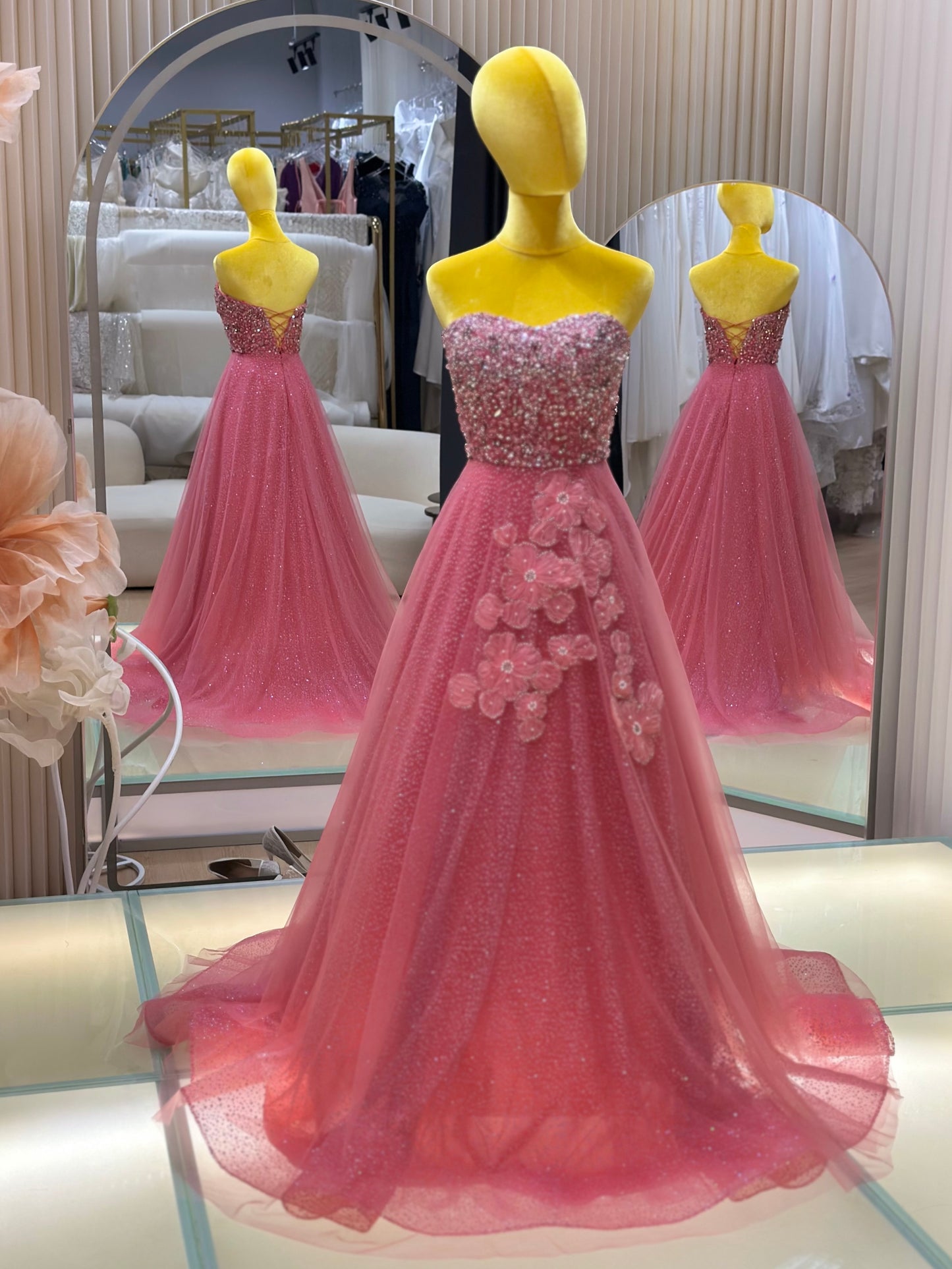 EG-AME-10003 EVENING GOWN LUX FABRIC SEQUIN BEADED LACE WITH GLITTER TULLE PINK SIZE S BUST 80-84 WAIST 66