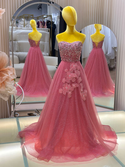 EG-AME-10003 EVENING GOWN LUX FABRIC SEQUIN BEADED LACE WITH GLITTER TULLE PINK SIZE S BUST 80-84 WAIST 66