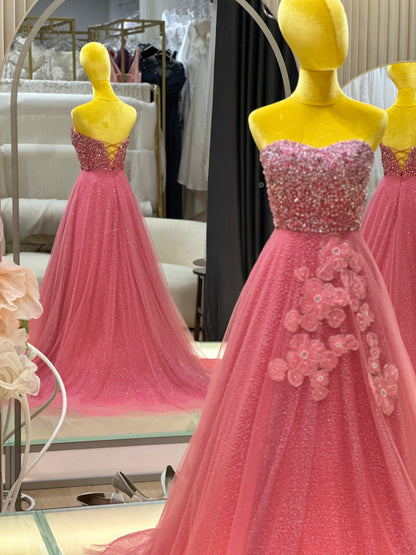 EG-AME-10003 EVENING GOWN LUX FABRIC SEQUIN BEADED LACE WITH GLITTER TULLE PINK SIZE S BUST 80-84 WAIST 66