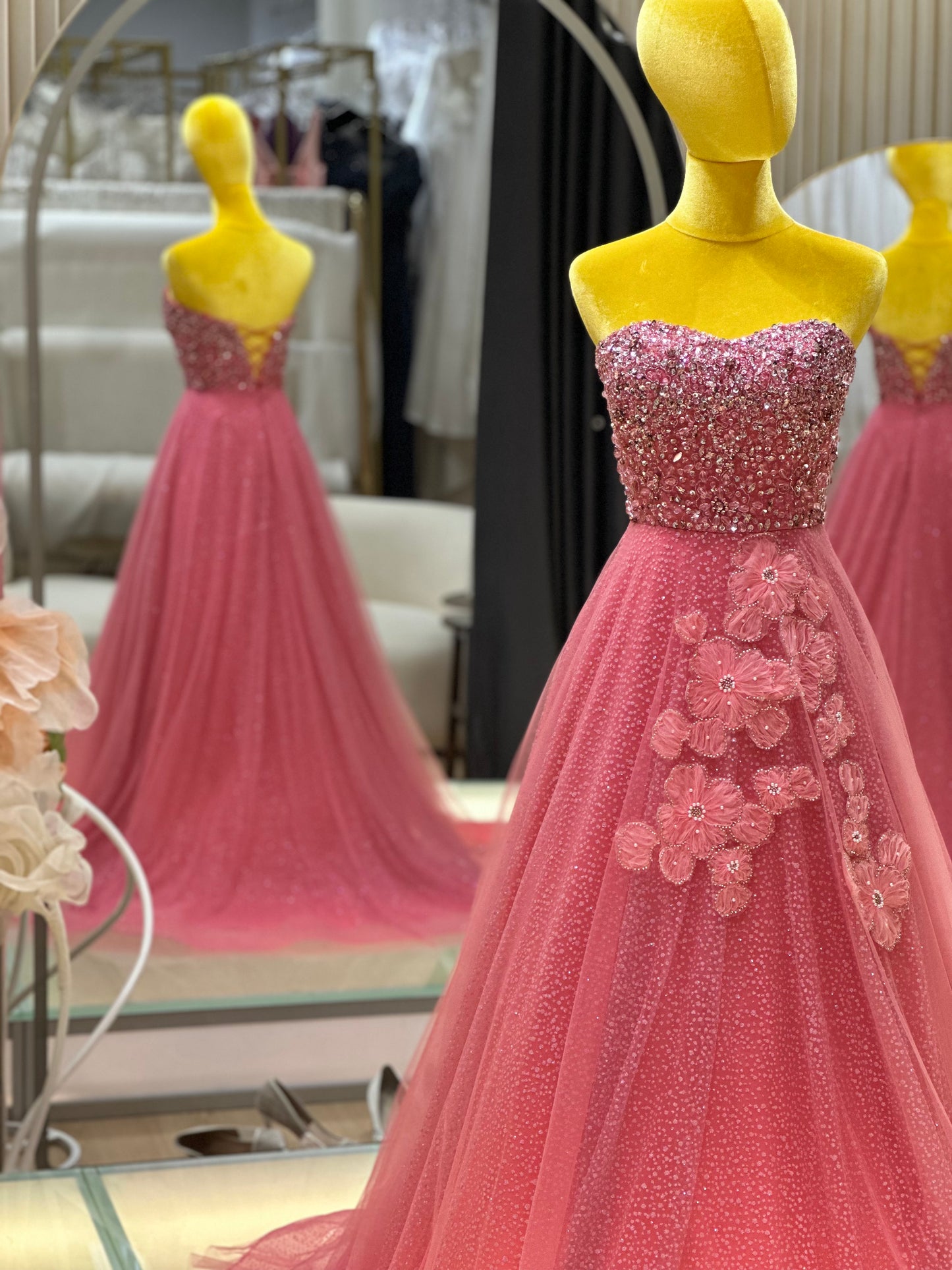 EG-AME-10003 EVENING GOWN LUX FABRIC SEQUIN BEADED LACE WITH GLITTER TULLE PINK SIZE S BUST 80-84 WAIST 66