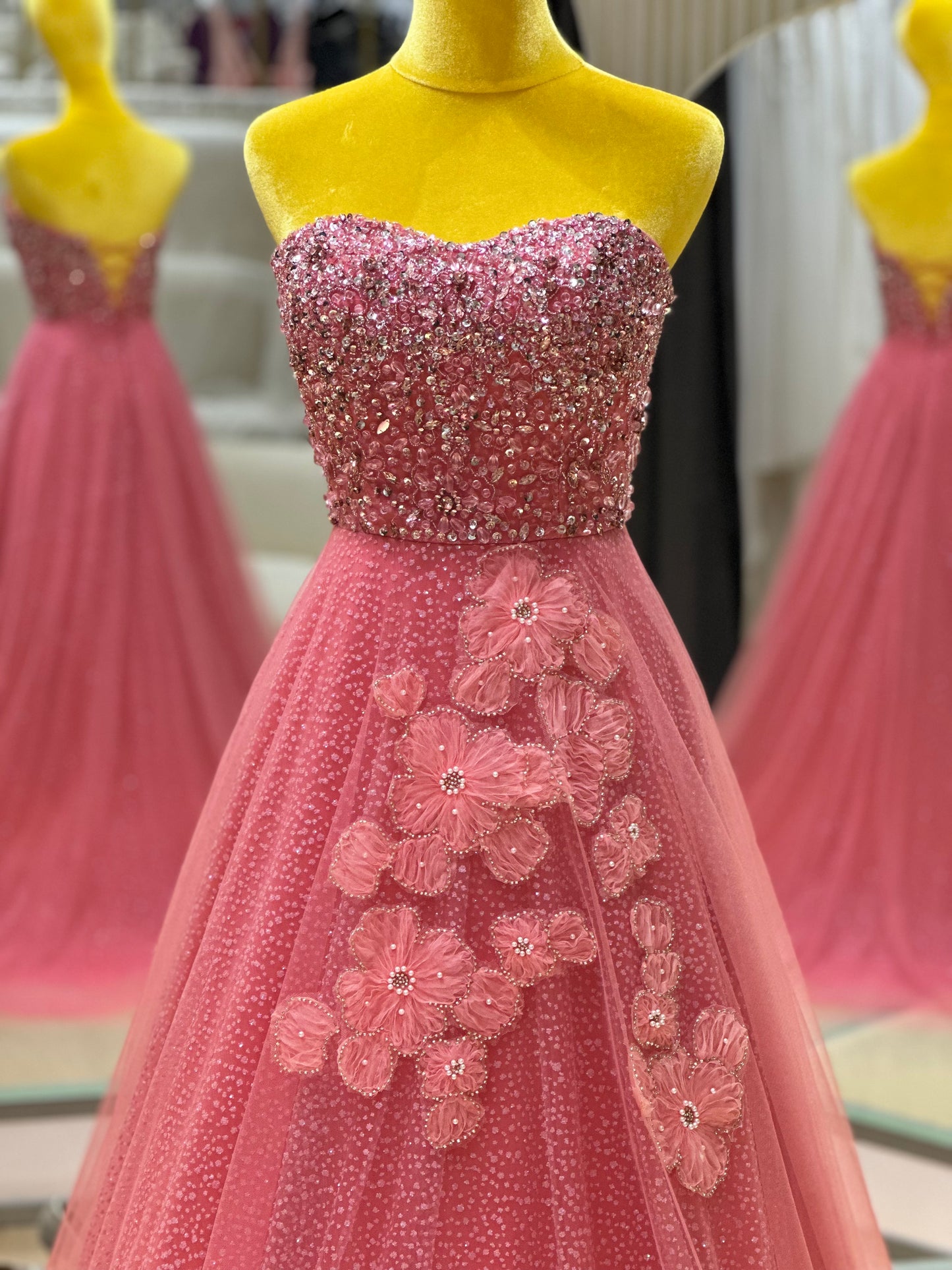 EG-AME-10003 EVENING GOWN LUX FABRIC SEQUIN BEADED LACE WITH GLITTER TULLE PINK SIZE S BUST 80-84 WAIST 66