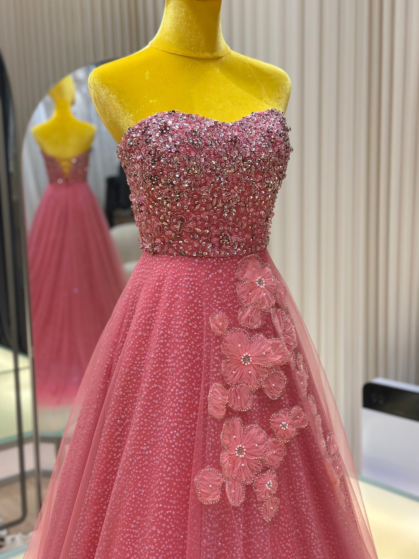 EG-AME-10003 EVENING GOWN LUX FABRIC SEQUIN BEADED LACE WITH GLITTER TULLE PINK SIZE S BUST 80-84 WAIST 66