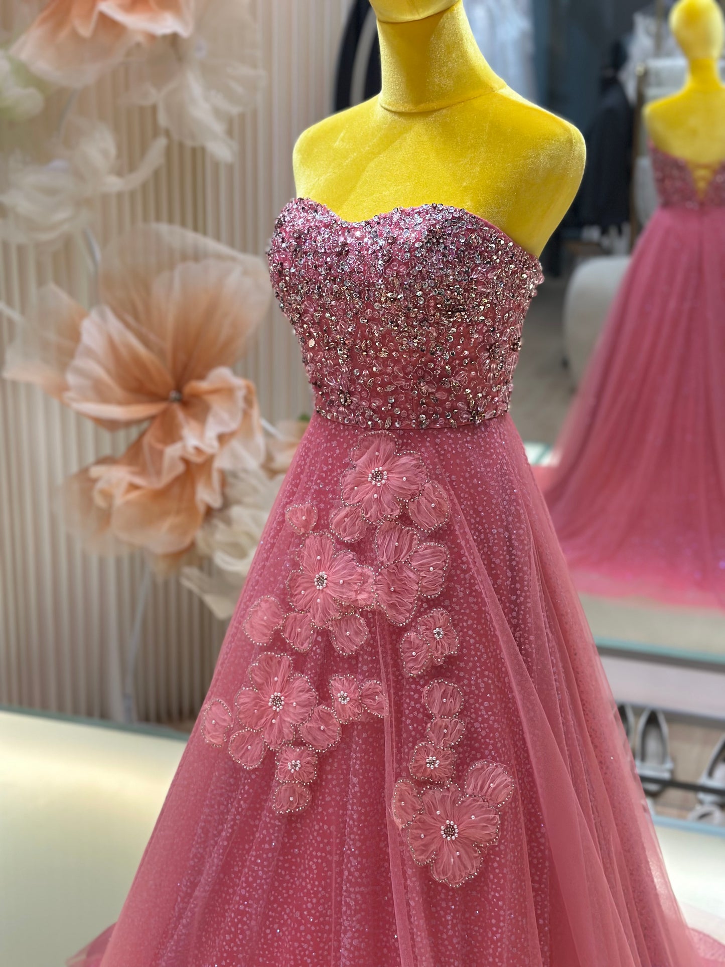 EG-AME-10003 EVENING GOWN LUX FABRIC SEQUIN BEADED LACE WITH GLITTER TULLE PINK SIZE S BUST 80-84 WAIST 66