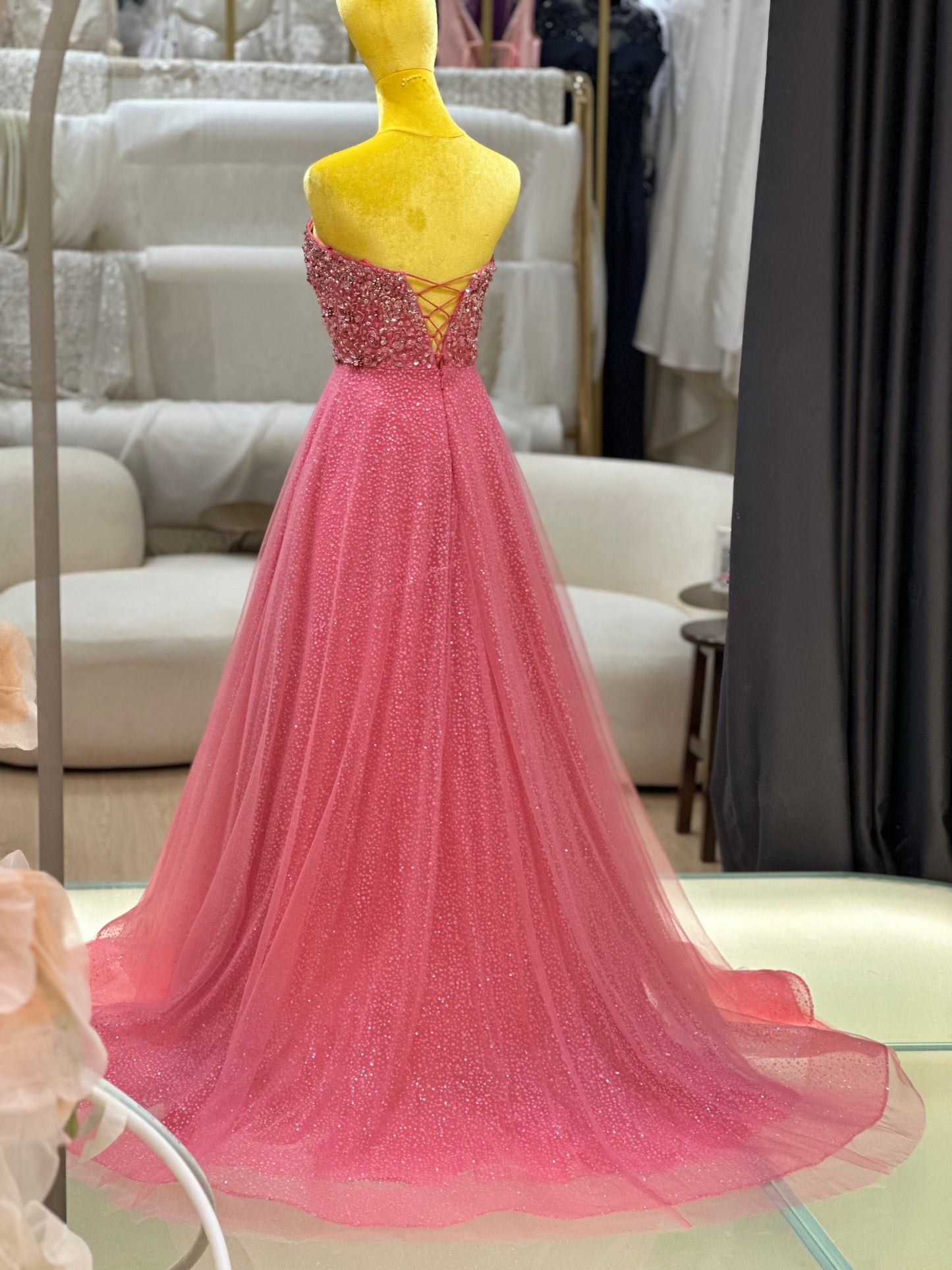 EG-AME-10003 EVENING GOWN LUX FABRIC SEQUIN BEADED LACE WITH GLITTER TULLE PINK SIZE S BUST 80-84 WAIST 66