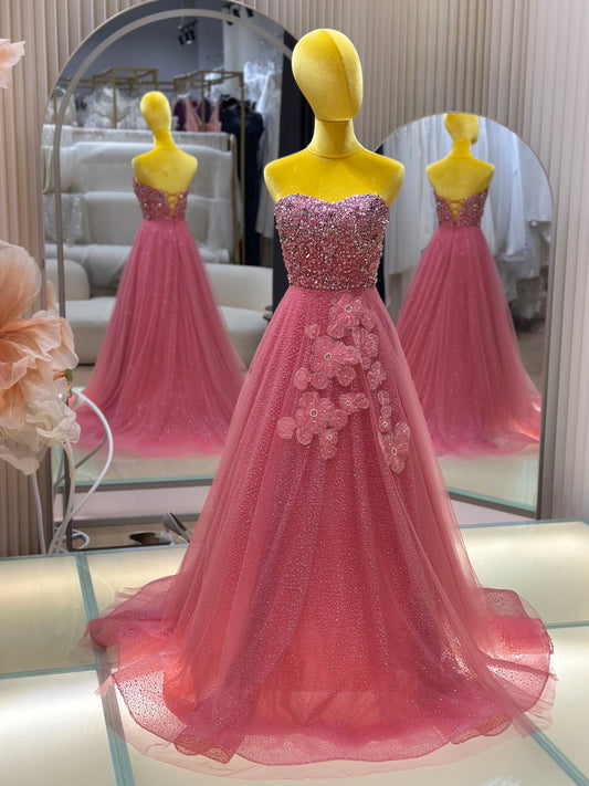 EG-AME-10003 EVENING GOWN LUX FABRIC SEQUIN BEADED LACE WITH GLITTER TULLE PINK SIZE S BUST 80-84 WAIST 66