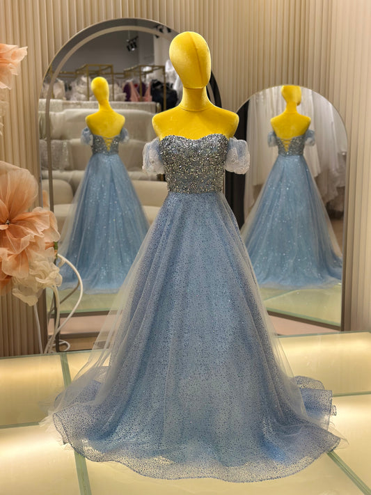 EG-AME-10004 EVENING GOWN LUX FABRIC SEQUIN BEADED LACE WITH GLITTER TULLE BLUE SIZE S BUST 80-84 WAIST 66 (Copy)