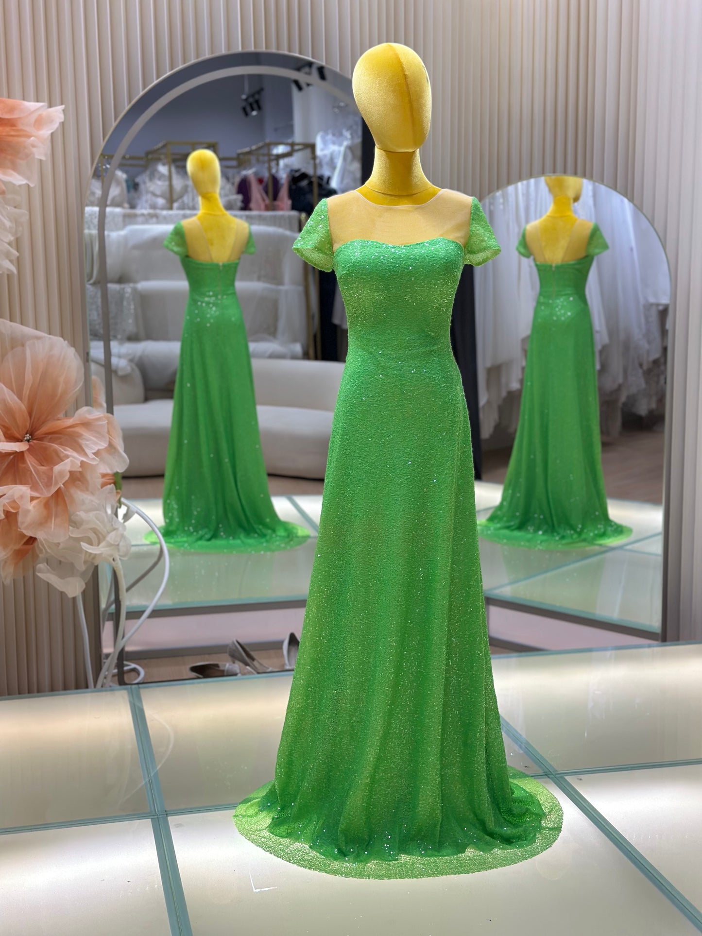 EG-AME-10005 EVENING GOWN PREMIUM FABRIC SEQUIN LACE GREEN SIZE XS BUST 81 WAIST 65