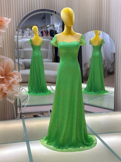 EG-AME-10005 EVENING GOWN PREMIUM FABRIC SEQUIN LACE GREEN SIZE XS BUST 81 WAIST 65