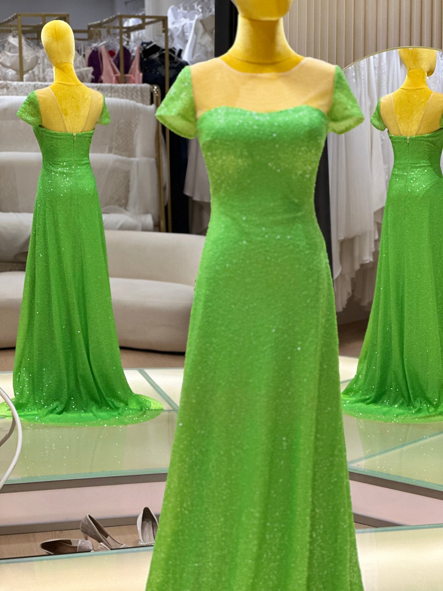 EG-AME-10005 EVENING GOWN PREMIUM FABRIC SEQUIN LACE GREEN SIZE XS BUST 81 WAIST 65