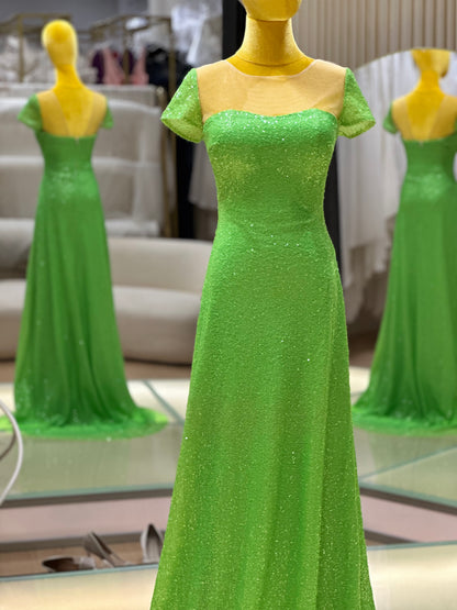 EG-AME-10005 EVENING GOWN PREMIUM FABRIC SEQUIN LACE GREEN SIZE XS BUST 81 WAIST 65