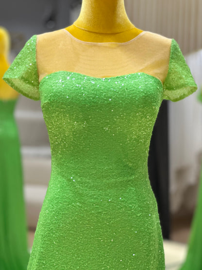 EG-AME-10005 EVENING GOWN PREMIUM FABRIC SEQUIN LACE GREEN SIZE XS BUST 81 WAIST 65