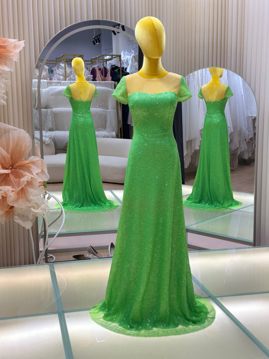 EG-AME-10005 EVENING GOWN PREMIUM FABRIC SEQUIN LACE GREEN SIZE XS BUST 81 WAIST 65