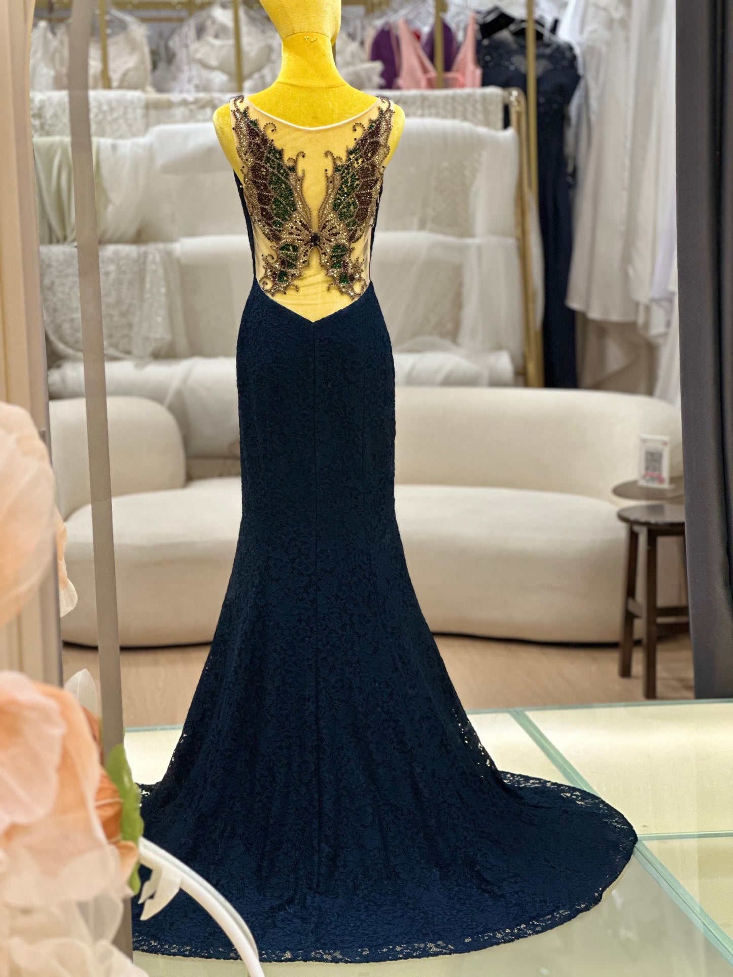 EG-AME-10010 EVENING GOWN PREMIUM FABRIC WITH BUTTERFLY BEADS IN BACK SIZE M BUST 87 WAIST 69
