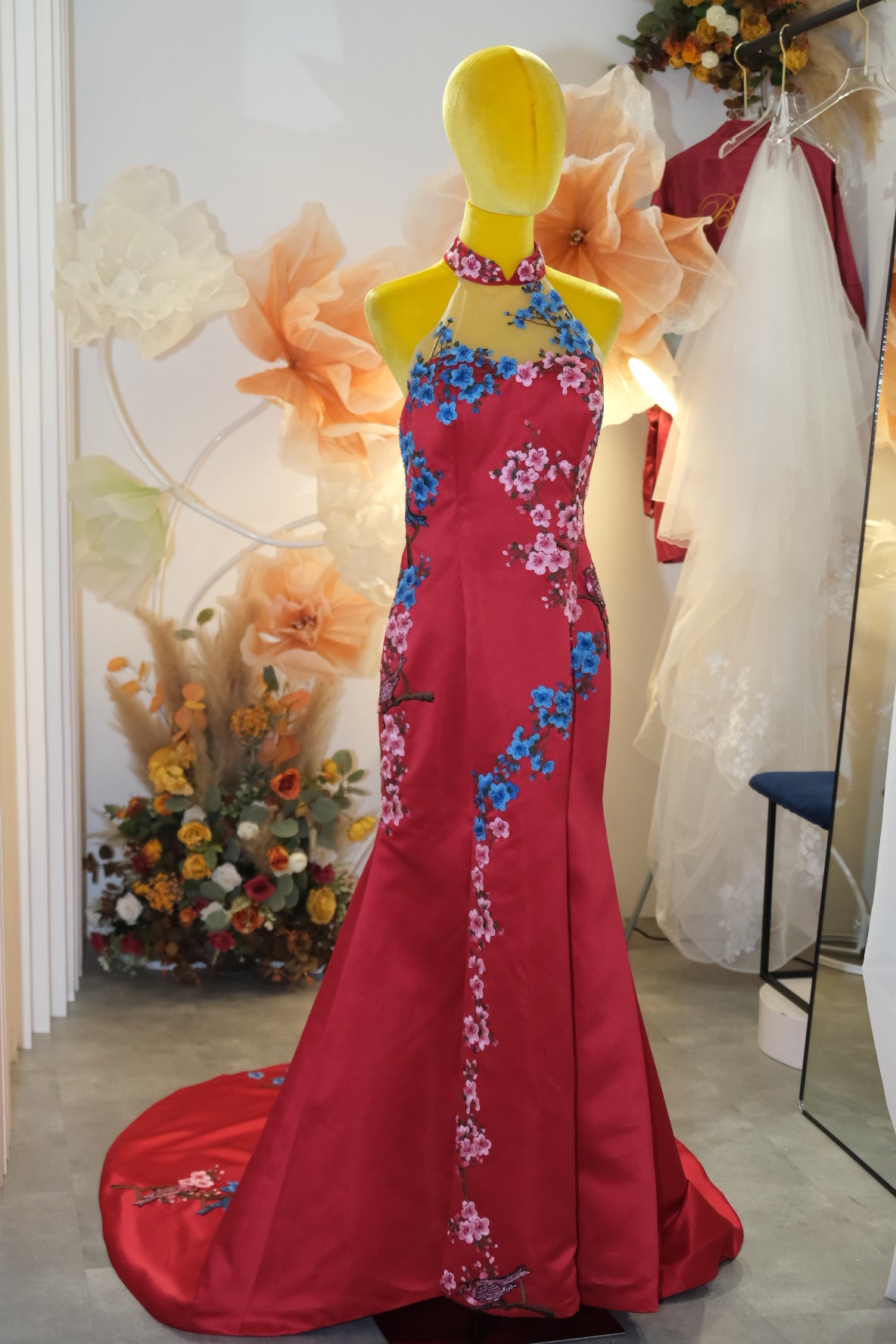 BG-WED-AME-10101 PREMIUM RED CHEONGSAM FABRIC FULL LACE SIZE XXL BUST 96 WAIST 79