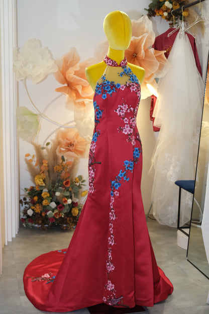 BG-WED-AME-10101 PREMIUM RED CHEONGSAM FABRIC FULL LACE SIZE XXL BUST 96 WAIST 79