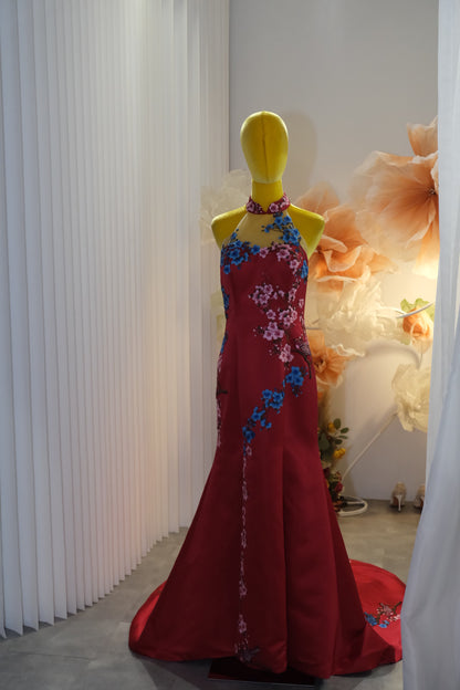 BG-WED-AME-10101 PREMIUM RED CHEONGSAM FABRIC FULL LACE SIZE XXL BUST 96 WAIST 79