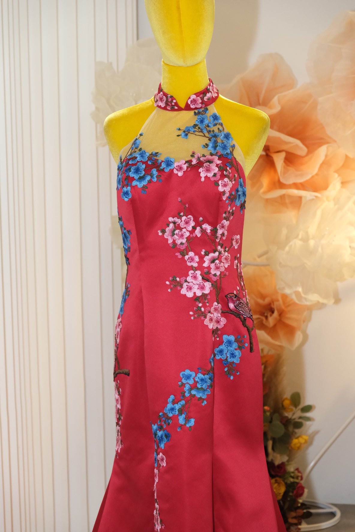 BG-WED-AME-10101 PREMIUM RED CHEONGSAM FABRIC FULL LACE SIZE XXL BUST 96 WAIST 79